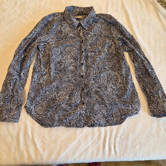 Talbots Paisley Long Sleeve Button Shirt - Size Medium Petitie Black/White Women - Picture 1 of 13
